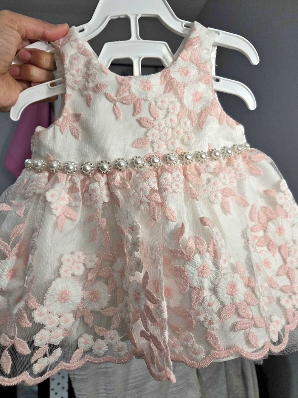 American Princess White and Pink Floral Tulle Party Dress with Pearl Trim